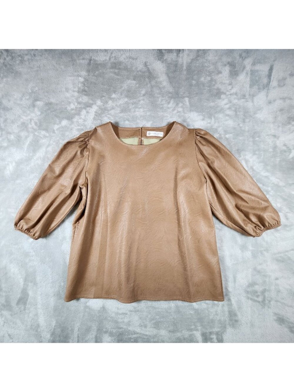 Cobblestone Living Faux Leather Top L/XL Brown Balloon Sleeve Cruelty Free Vegan